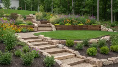 Terraced garden with timber steps and native plants on sloped yard in Crescent, IA by Omaha landscapers