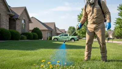 Lawn care expert applying weed control treatment on Omaha, NE residential lawn with professional sprayer